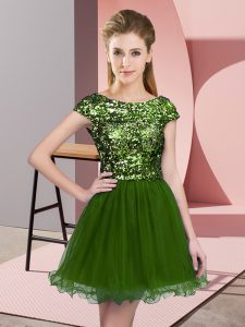 Classical Olive Green Tulle Zipper Dama Dress for Quinceanera Cap Sleeves Mini Length Sequins