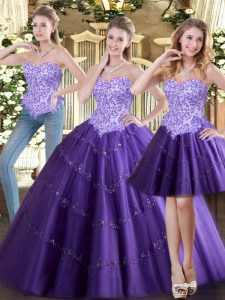 Purple Quinceanera Gown Military Ball and Sweet 16 and Quinceanera with Beading Sweetheart Sleeveless Lace Up