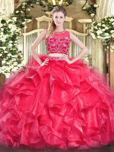 Charming Red Scoop Zipper Beading and Ruffles Quinceanera Dresses Sleeveless