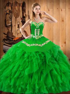 Romantic Sleeveless Floor Length Embroidery and Ruffles Lace Up Quinceanera Dress with Green