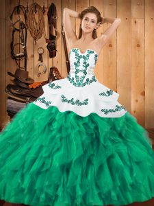 Sexy Turquoise Ball Gowns Satin and Organza Strapless Sleeveless Embroidery and Ruffles Floor Length Lace Up Sweet 16 Dress