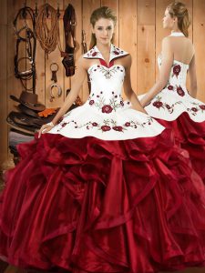 Halter Top Sleeveless Satin and Organza Quince Ball Gowns Embroidery and Ruffles Lace Up