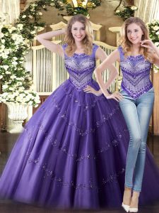 Purple Ball Gowns Scoop Sleeveless Tulle Floor Length Lace Up Beading Sweet 16 Dress