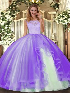 Lavender Tulle Clasp Handle Sweet 16 Quinceanera Dress Sleeveless Floor Length Lace and Ruffles
