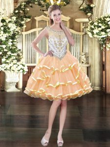 Peach Zipper Scoop Beading and Ruffled Layers Organza Sleeveless