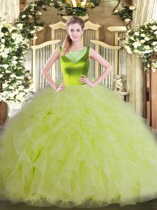 Scoop Sleeveless 15th Birthday Dress Floor Length Beading and Ruffles Yellow Green Organza