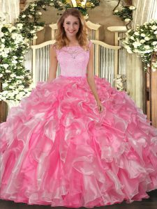 Extravagant Hot Pink Clasp Handle Ball Gown Prom Dress Lace and Ruffles Sleeveless Floor Length