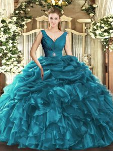 Ideal Floor Length Teal Quinceanera Gowns Organza Sleeveless Beading and Ruffles