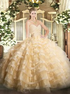 Exceptional Champagne Ball Gowns Organza Sweetheart Sleeveless Beading and Ruffled Layers Floor Length Lace Up Quinceanera Gowns