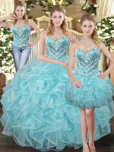 Dynamic Aqua Blue Sweetheart Neckline Beading and Ruffles Quinceanera Gown Sleeveless Lace Up