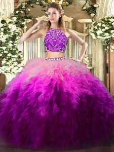 Multi-color Quinceanera Dresses Military Ball and Sweet 16 and Quinceanera with Beading and Ruffles High-neck Sleeveless Zipper