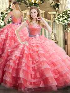 On Sale Watermelon Red V-neck Zipper Ruffled Layers Quinceanera Gowns Sleeveless