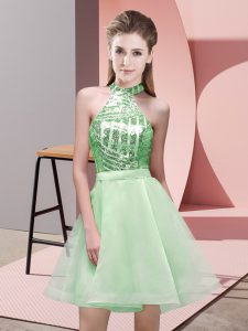 Nice Mini Length Backless Vestidos de Damas Apple Green for Prom and Party and Wedding Party with Sequins