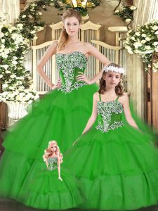 Green Ball Gowns Organza Strapless Sleeveless Beading and Ruffled Layers Floor Length Lace Up Quince Ball Gowns