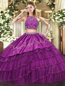 Nice Burgundy Zipper 15 Quinceanera Dress Beading and Embroidery and Ruffled Layers Sleeveless Floor Length
