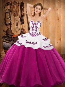 Lovely Fuchsia Ball Gowns Embroidery 15 Quinceanera Dress Lace Up Satin and Organza Sleeveless Floor Length