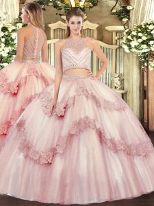 Chic Baby Pink Sleeveless Floor Length Beading and Appliques Zipper Sweet 16 Dresses