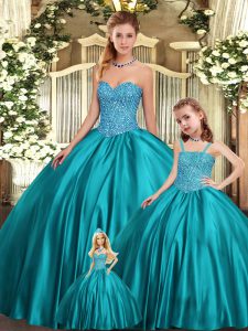 Lovely Sweetheart Sleeveless Lace Up 15th Birthday Dress Teal Organza