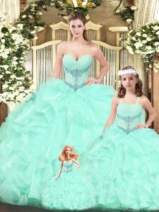 Sleeveless Tulle Floor Length Lace Up Quinceanera Gown in Aqua Blue with Beading and Ruffles