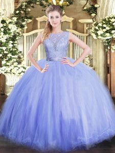 Lavender Ball Gowns Lace 15th Birthday Dress Backless Tulle Sleeveless Floor Length