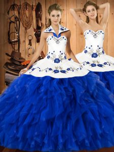 Blue And White Halter Top Neckline Embroidery and Ruffles Sweet 16 Quinceanera Dress Sleeveless Lace Up