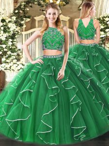 Beading and Ruffles 15 Quinceanera Dress Green Zipper Sleeveless Floor Length