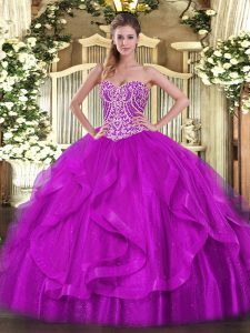 Adorable Fuchsia Sleeveless Beading and Ruffles Floor Length Quince Ball Gowns