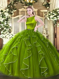 Popular Olive Green Clasp Handle Scoop Ruffles Sweet 16 Quinceanera Dress Organza Sleeveless
