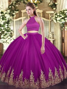 Low Price Fuchsia Ball Gowns Beading and Appliques Quinceanera Gowns Backless Tulle Sleeveless Floor Length