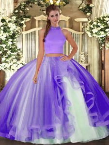 Vintage Beading and Ruffles Quinceanera Gowns Lavender Backless Sleeveless Floor Length