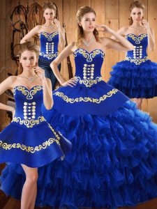 Glamorous Floor Length Blue Ball Gown Prom Dress Tulle Sleeveless Embroidery and Ruffled Layers