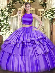 Purple Sleeveless Tulle Criss Cross Ball Gown Prom Dress for Military Ball and Sweet 16 and Quinceanera