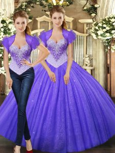 Purple Tulle Lace Up Straps Sleeveless Floor Length 15 Quinceanera Dress Beading