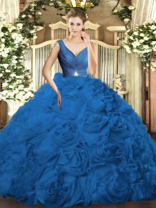 Superior Floor Length Blue Ball Gown Prom Dress Fabric With Rolling Flowers Sleeveless Beading and Ruching