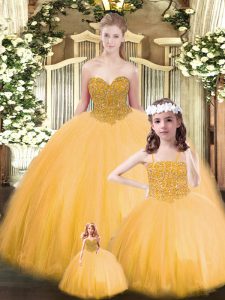 Gold Ball Gowns Sweetheart Sleeveless Tulle Floor Length Lace Up Beading Quinceanera Dresses