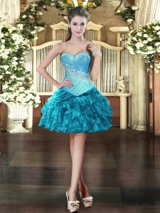 Teal Organza Lace Up Prom Gown Sleeveless Mini Length Beading