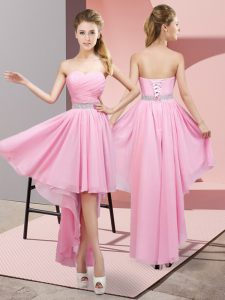 High Class Sleeveless Chiffon High Low Lace Up Dama Dress in Pink with Beading