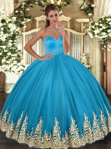 Nice Baby Blue Sleeveless Appliques Floor Length Quinceanera Gown