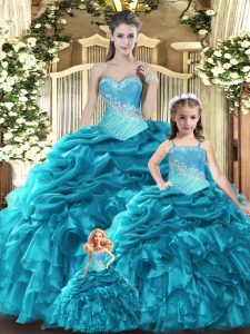 Delicate Sweetheart Sleeveless Lace Up Quinceanera Dress Teal Tulle