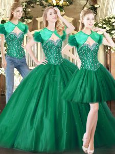 Clearance Sweetheart Sleeveless 15th Birthday Dress Floor Length Beading Green Tulle