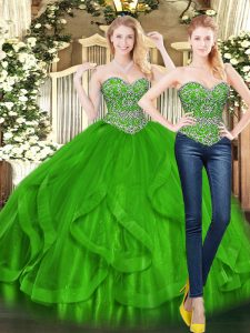 Green Ball Gowns Tulle Sweetheart Sleeveless Beading and Ruffles Floor Length Lace Up Quinceanera Dresses