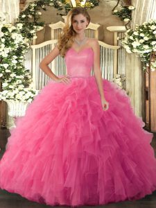 Hot Pink Lace Up Sweetheart Ruffles Sweet 16 Dress Tulle Sleeveless