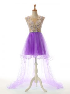 Fitting Eggplant Purple A-line Appliques Prom Evening Gown Backless Tulle Sleeveless High Low
