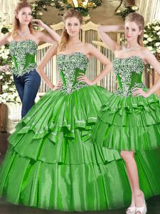 Sexy Floor Length Lace Up Quinceanera Gown Green for Military Ball and Sweet 16 and Quinceanera with Beading and Ruffled Layers