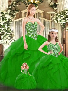 Elegant Beading and Ruffles Quinceanera Dress Green Lace Up Sleeveless Floor Length