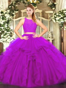 Dynamic Tulle Scoop Sleeveless Zipper Ruffles Ball Gown Prom Dress in Fuchsia