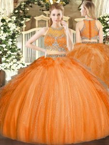 Scoop Sleeveless Zipper Quinceanera Gown Orange Tulle