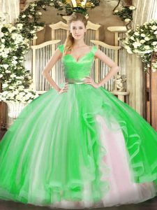 Sleeveless Floor Length Beading and Ruffles Zipper Sweet 16 Quinceanera Dress with Green