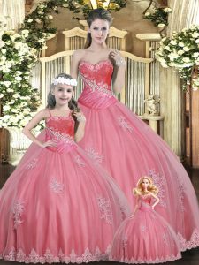 Watermelon Red Tulle Lace Up Quince Ball Gowns Sleeveless Floor Length Beading