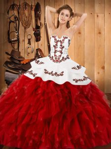 Trendy Wine Red Satin and Organza Lace Up Strapless Sleeveless Floor Length Quinceanera Gown Embroidery and Ruffles